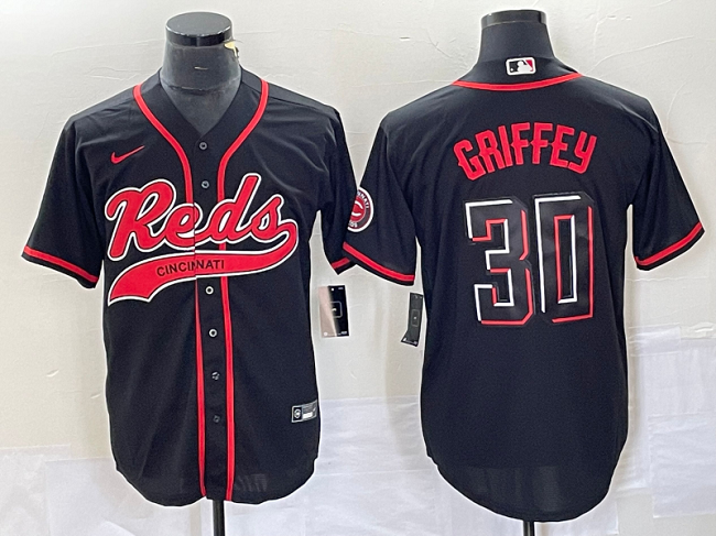 Men's Cincinnati Reds #30 Ken Griffey Jr. Black Cool Base Stitched Baseball Jersey